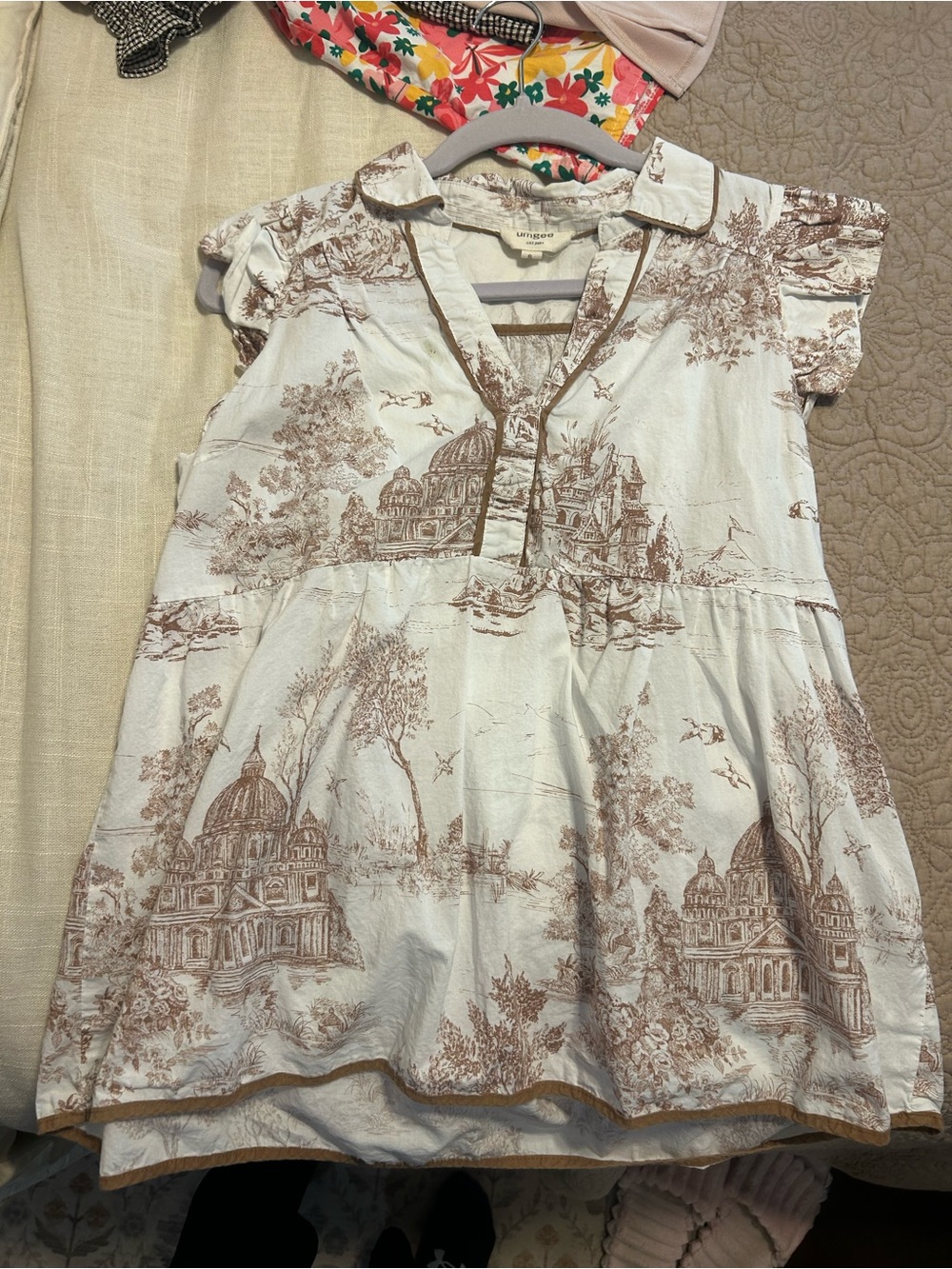 Umgee White Blouse with Brown Toile Print
